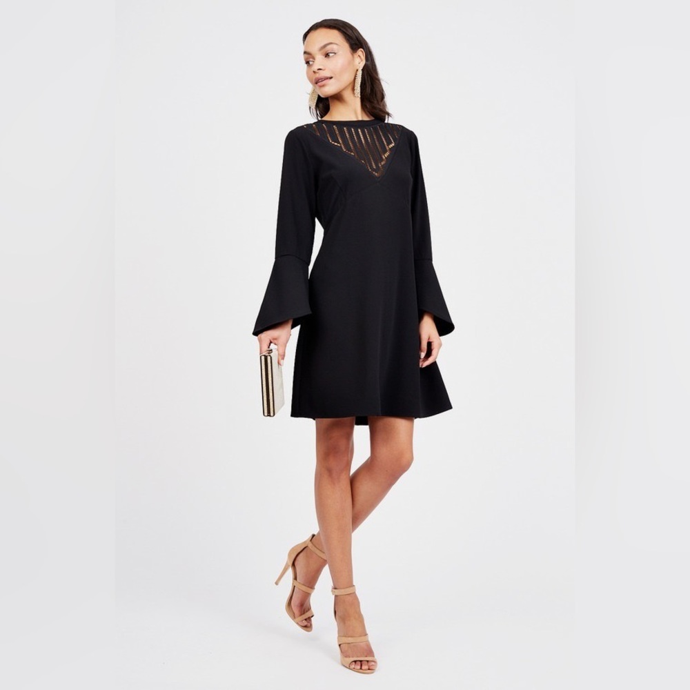 Octavia Black Lace Yoke Shift Dress with Long Bell Sleeves Size Medium EUC
